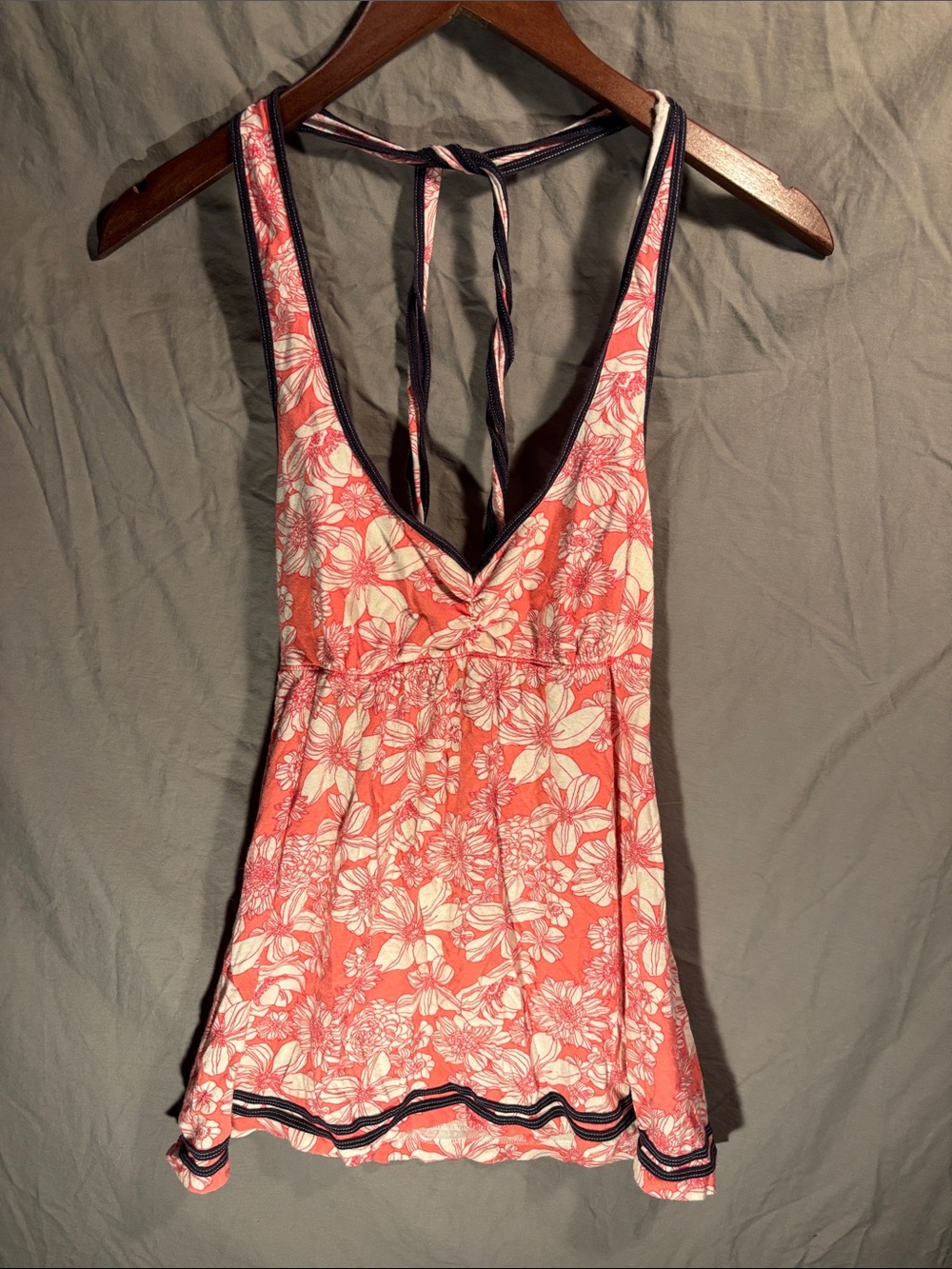 Hollister Coral Floral V-Neck Sleep Chemise with Navy Trim